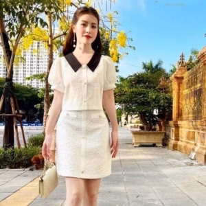 Set Đầm Đính Nút Cổ Bèo Sang Chảnh V529 - Haka Mây