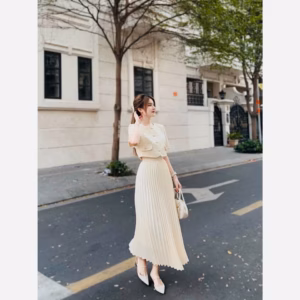 Set Áo Cổ Tròn Linen Crotop Mix Chân Váy Lụa 2 Lớp Dập Ly Hàn Quốc Dd210 - Nana House