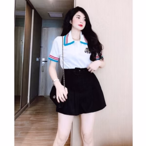 Áo Nữ Ngắn Tay Phối Viền, Thêu Hình Cô Gái Nhỏ Slcxa127 - Chipxinhxk