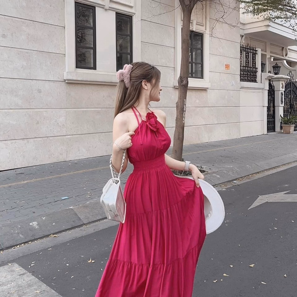 Đầm Maxi Đính Hoa Hồng Cột Dây Cổ Yếm S15- Nana House - Ảnh 4