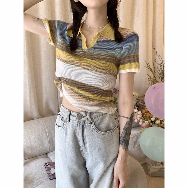 Áo Len Nữ Dáng Croptop Kẻ Cầu Vồng Bắt Mắt Slcxa101 - Chipxinhxk - Ảnh 2