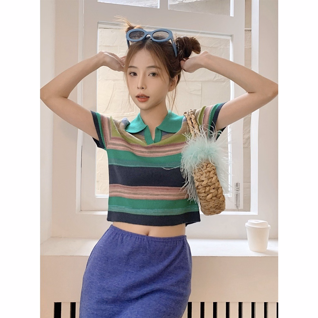 Áo Len Nữ Dáng Croptop Kẻ Cầu Vồng Bắt Mắt Slcxa101 - Chipxinhxk - Ảnh 6