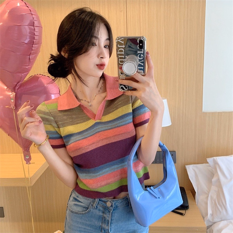 Áo Len Nữ Dáng Croptop Kẻ Cầu Vồng Bắt Mắt Slcxa101 - Chipxinhxk