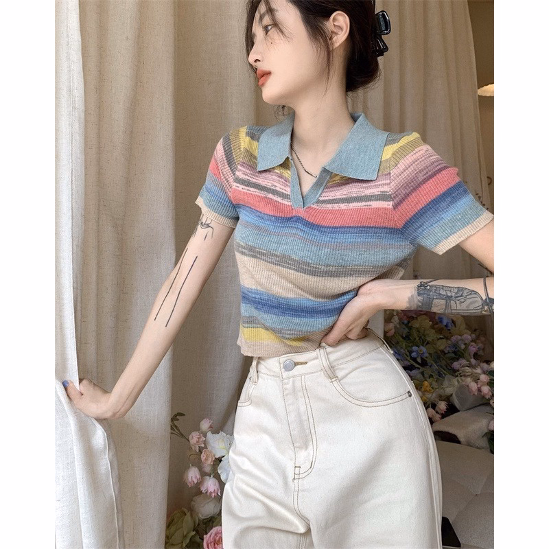 Áo Len Nữ Dáng Croptop Kẻ Cầu Vồng Bắt Mắt Slcxa101 - Chipxinhxk - Ảnh 4