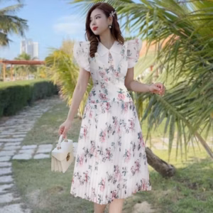 Đầm Nữ Dáng Xòe Dập Ly Tay Bồng Ôm Eo Tôn Dáng Chất Voan Hoa T778 -Lisa