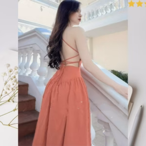 Đầm Nữ Cổ Yếm Nhún Ngực Hở Lưng Ôm Eo Dáng Dài Chất Cotton Lạnh T780 - Lisa