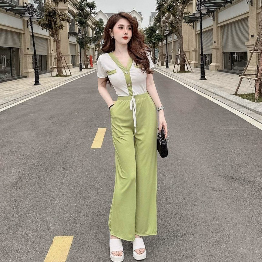 Set Đồ Bộ Nữ Áo Croptop Cổ Tim Tay Ngắn Kèm Quần Dài Chất Thun M795 - Lisa - Ảnh 2