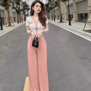 Set Đồ Bộ Nữ Áo Croptop Cổ Tim Tay Ngắn Kèm Quần Dài Chất Thun M795 - Lisa