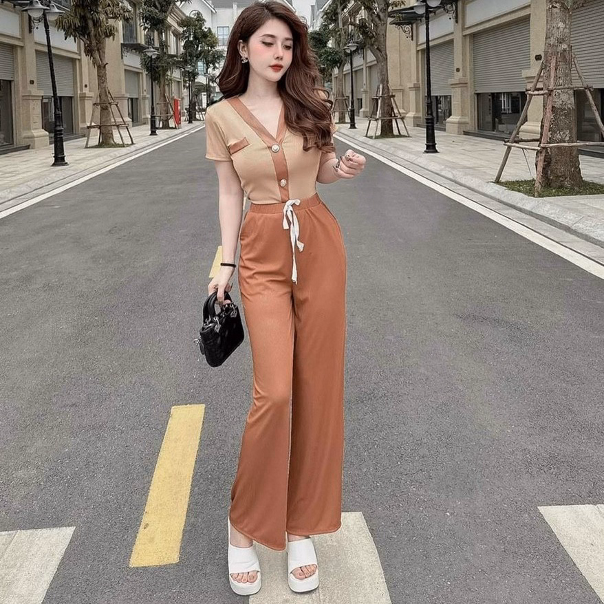 Set Đồ Bộ Nữ Áo Croptop Cổ Tim Tay Ngắn Kèm Quần Dài Chất Thun M795 - Lisa - Ảnh 7