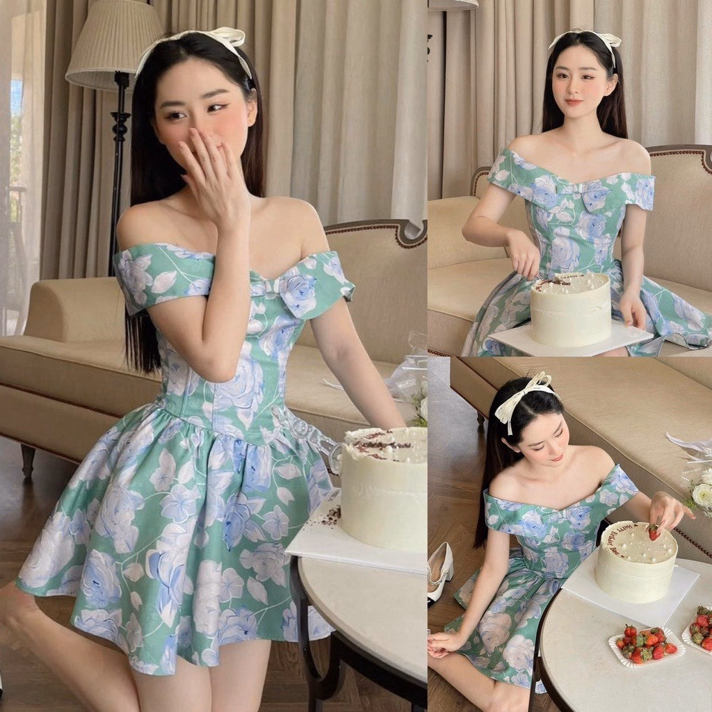 Đầm Nữ Kiểu Trễ Vai In Hoa 3D Có Mút Có Lót Chất Cotton Lạnh T768 - Lisa - Ảnh 2