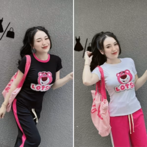 Set Bộ Thun Nữ Gân Áo Tay Ngắn Thêu Hình Gấu Dd990 - Nana House