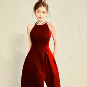 Đầm Cổ Yếm Dáng Dài Chất Cotton Lạnh Phối Kim Sa T650 - Lisa