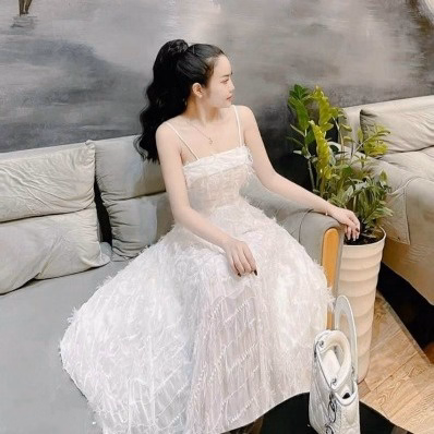Đầm Nữ Chất Lông Vũ 2 Dây Có Mút Ngực Dáng Xòe Siêu Xinh T584 - Lisa - Ảnh 4