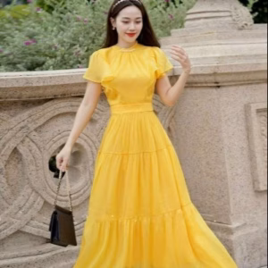 Đầm Nữ Cổ Tròn Tay Bèo Dáng Maxi Xòe Chất Voan Chingfon 2 Lớp V555 - Lisa