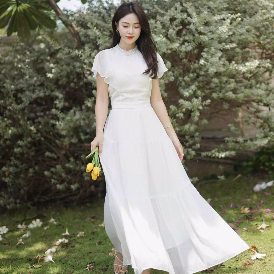 Đầm Nữ Cổ Tròn Tay Bèo Dáng Maxi Xòe Chất Voan Chingfon 2 Lớp V555 - Lisa - Ảnh 3