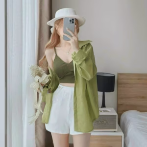 Set 3 Món Quần Short Cotton Lạnh & Áo Sơ Mi Đũi Trơn Kèm Áo Yếm Bozip Có Mút Ngực M492 - Lisa