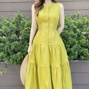 Đầm Xanh Dáng Xòe Cổ Tròn Sát Nách Chun Bo Eo Chất Lụa Chéo M429 - Lisa