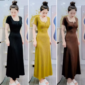 Đầm Nữ Ôm Body Tay Ngắn Dáng Dài Xòe Chất Thun Gân Dd670 - Nana House