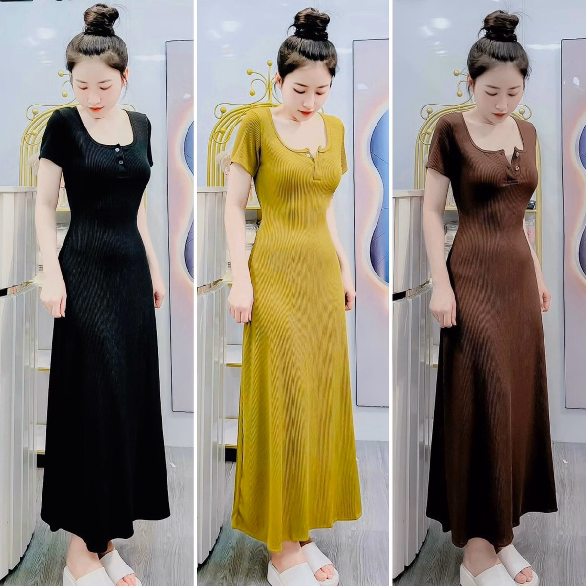 Đầm Nữ Ôm Body Tay Ngắn Dáng Dài Xòe Chất Thun Gân Dd670 - Nana House