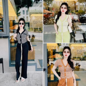 Set Đồ Bộ Nữ Tay Ngắn Áo Thun Sọc Cổ Chữ V Quần Dài Dd089 - Nana House