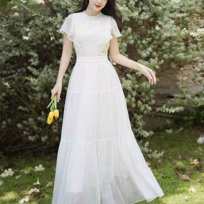 Đầm Nữ Cổ Tròn Tay Bèo Dáng Maxi Xòe Chất Voan Chingfon 2 Lớp V555 - Lisa - Ảnh 5