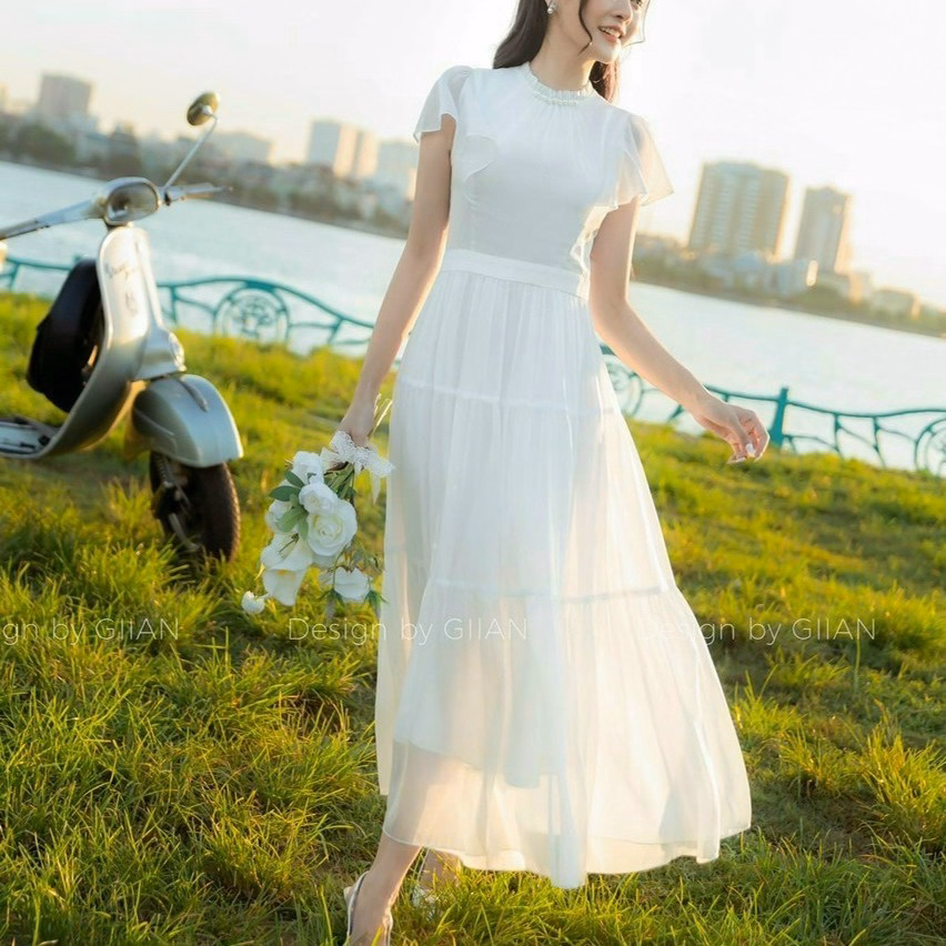 Đầm Nữ Cổ Tròn Tay Bèo Dáng Maxi Xòe Chất Voan Chingfon 2 Lớp V555 - Lisa - Ảnh 8