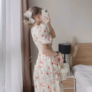 Đầm Maxi Cổ Tròn Tay Phồng Voan Hoa Chingfon 2 Lớp Cao Cấp T380 - Lisa