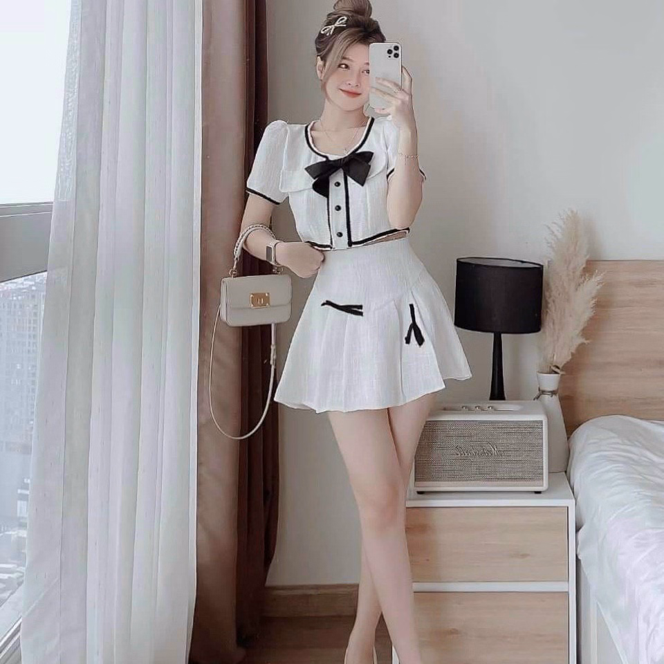 Set Chân Váy Có Lót Kèm Áo Viền Ren Kèm Nơ Chất Vải Xốp T348 - Lisa - Ảnh 4