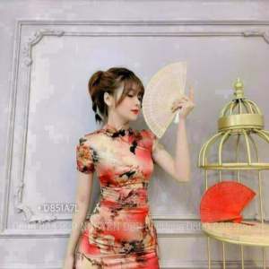 Đầm Sườn Xám Xẻ Tà Tay Ngắn Nút Mây Chất Thun Dẻo In 3D T346 - Lisa