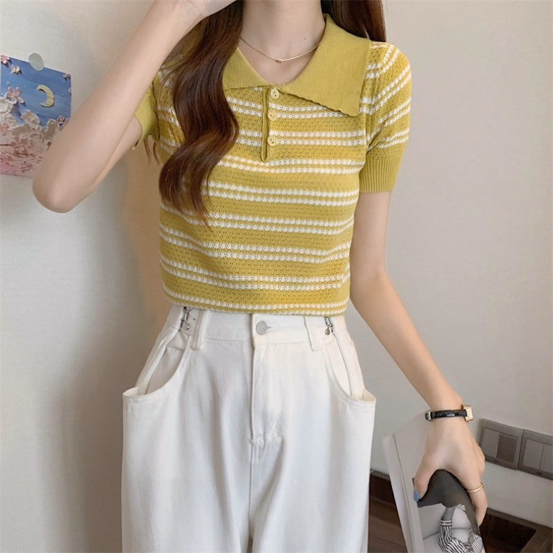 Áo Dệt Kim Nữ Dáng Cổ Bẻ, Họa Tiết Kẻ Ngang Nhiều Màu Slcxa135 - Chipxinhxk - Ảnh 4