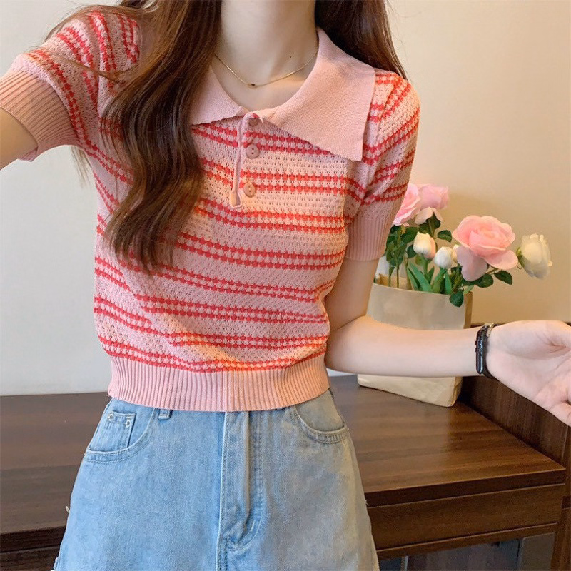 Áo Dệt Kim Nữ Dáng Cổ Bẻ, Họa Tiết Kẻ Ngang Nhiều Màu Slcxa135 - Chipxinhxk - Ảnh 3