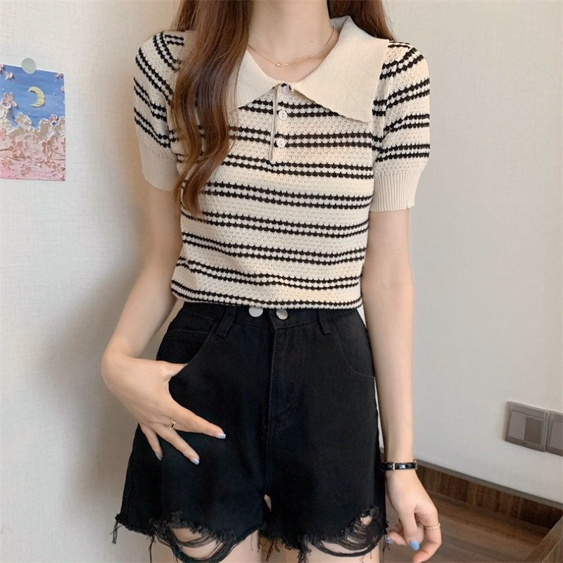 Áo Dệt Kim Nữ Dáng Cổ Bẻ, Họa Tiết Kẻ Ngang Nhiều Màu Slcxa135 - Chipxinhxk - Ảnh 7