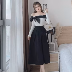 Set Chân Váy Xòe Xếp Li Kèm Áo Tay Dài Phối Nơ - Cloudy Dress