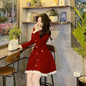 Đầm Tay Dài Xòe Tầng Xếp Ly Túi Giả Cài Nút Thật Cổ Và Tay Phối Bèo - Haka Mây