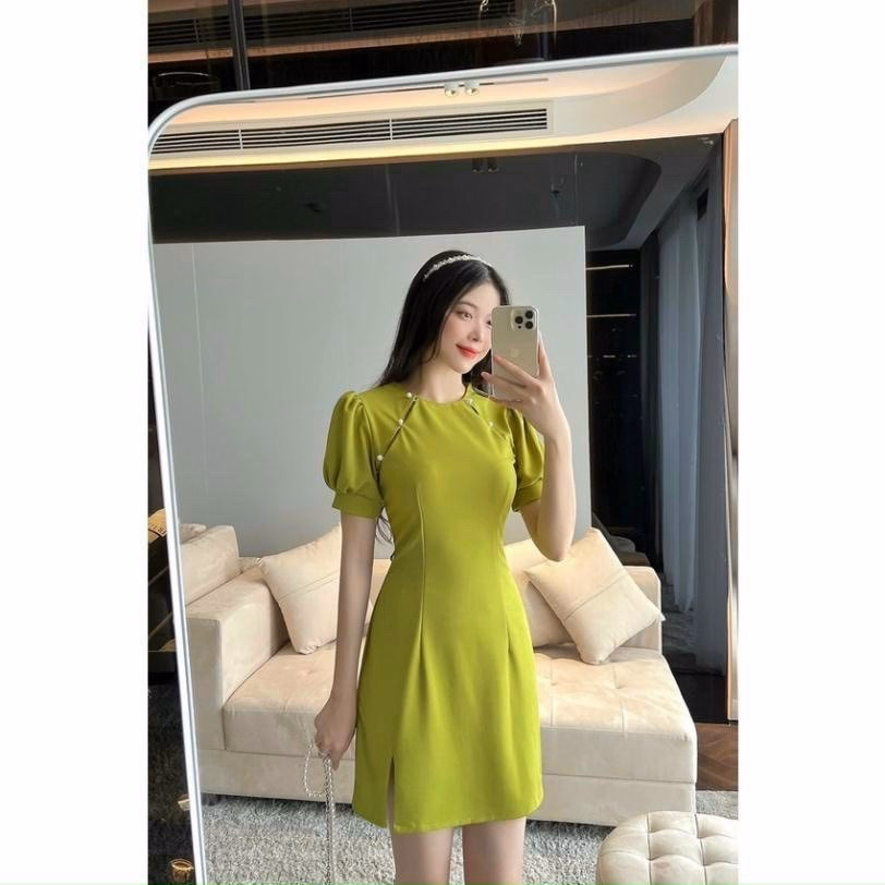 Đầm Sườn Xám Cách Tân Lụa Màu Xanh Nhung V25 - Cloudy Dress - Ảnh 3