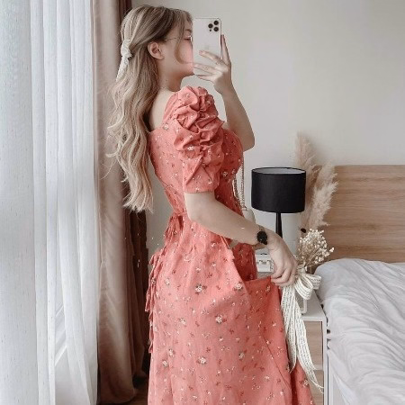 Đầm Lụa Hoa Xếp Ly Ngực ( Có Mút ) V28 - Haka Mây