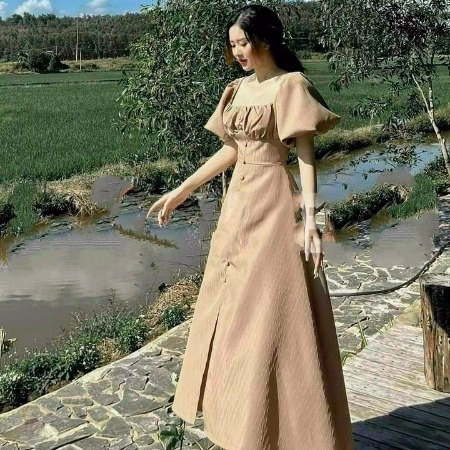 Đầm Maxi Nút Bọc Màu Cà Phê Chất Umi V29 - Haka Mây - Ảnh 4