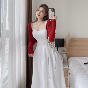 Set Áo Khoác Tăm Gân Kèm Đầm Xếp Ly Lụa Nhung ( Có Mút ) V36 - Haka Mây