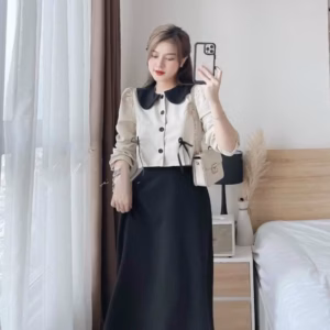 Set Chân Váy Kèm Áo Tay Dài Phối Bèo Cổ Cài Nút Thật V41 - Haka Mây