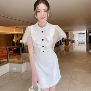 Đầm Bèo Cổ Đính Nút Phối Tay Lưới Mè V42- Haka Mây