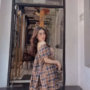 Đầm Babydoll Caro Vai Bèo Đính Kèm Nơ V83 - Cloudy Dress