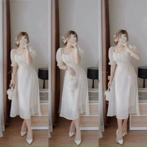 Đầm Voan Trắng Cổ Vuông Dáng Dài Tiểu Thư Sang Chảnh V85 - Cloudy Dress
