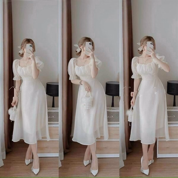 Đầm Voan Trắng Cổ Vuông Dáng Dài Tiểu Thư Sang Chảnh V85 - Cloudy Dress