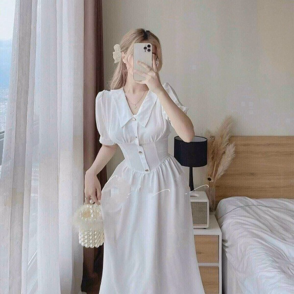 Váy Dài Ôm Eo Đính Kèm Nút Cổ Chữ V Thanh Lịch V88 - Cloudy Dress - Ảnh 3