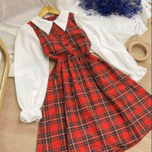 Váy Tiểu Thư Đỏ Caro Trắng Đen Phối Tay Dài Cổ Bèo V93 - Cloudy Dress
