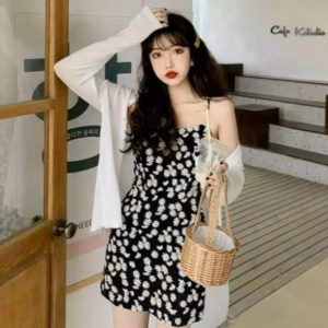 Đầm Lụa Hoa Nhí Kèm Áo Khoác Trắng Dáng Chữ A Ôm Eo V94 - Cloudy Dress