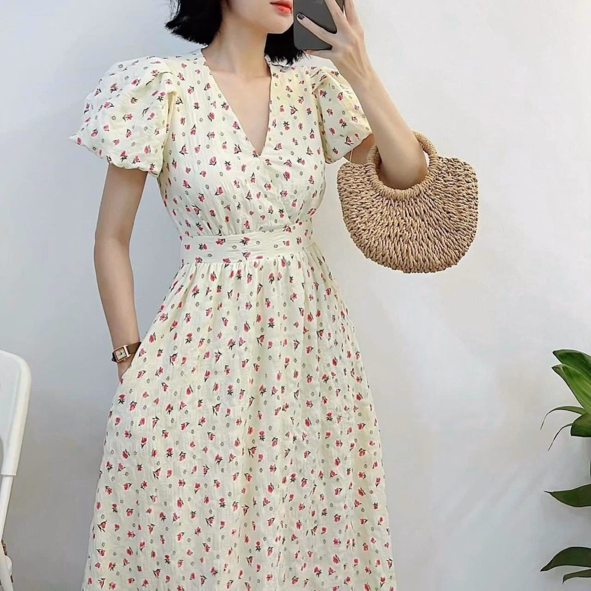 Đầm Hoa Lụa Nhí Cổ Chữ V Ôm Eo Dáng Dài Thanh Lịch V101 - Cloudy Dress - Ảnh 6