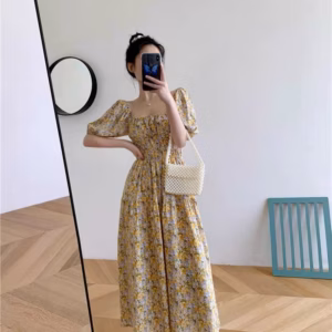 Đầm Hoa Lụa Nhí Dáng Dài Tay Bồng Cổ Vuông V107 - Cloudy Dress