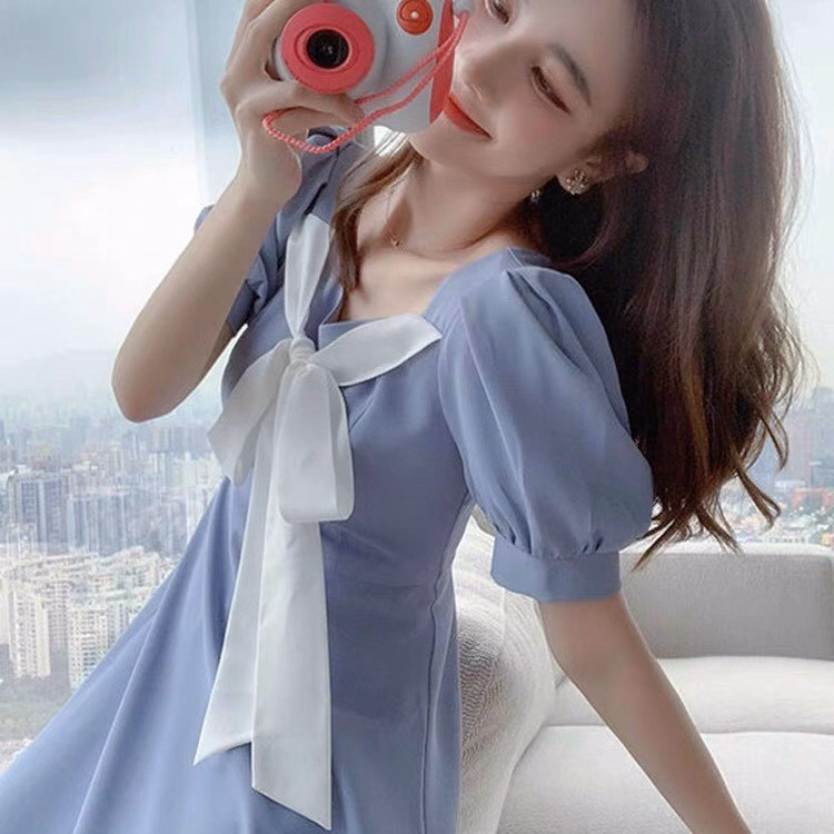 Đầm Ngắn Màu Xanh Caro Chất Kate Đính Kèm Nơ Viền Bèo Chân Váy V108 - Cloudy Dress - Ảnh 2