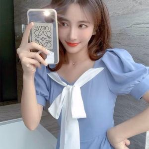 Đầm Ngắn Màu Xanh Caro Chất Kate Đính Kèm Nơ Viền Bèo Chân Váy V108 - Cloudy Dress